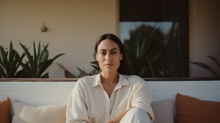 Portrait of a beautiful young woman in a white shirt sitting on a sofa. Generative AI