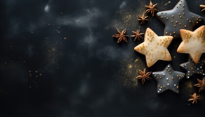 Top view of gingerbread, shortbread or anise cookies with edible gold dust on dark surface with anise stars decoration. Stack of star-shaped Christmas cookies with copy space for text. Generative AI. - obrazy, fototapety, plakaty