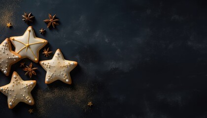 Top view of gingerbread, shortbread or anise cookies with edible gold dust on dark surface with anise stars decoration. Stack of star-shaped Christmas cookies with copy space for text. Generative AI.