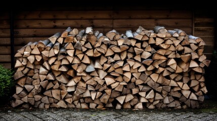 Pile of chopped firewood ready for winter in front of a wooden house Generative AI