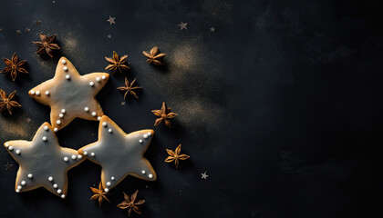 Top view of gingerbread, shortbread or anise cookies with edible gold dust on dark surface with anise stars decoration. Star-shaped Christmas cookies with copy space for text. Generative AI.