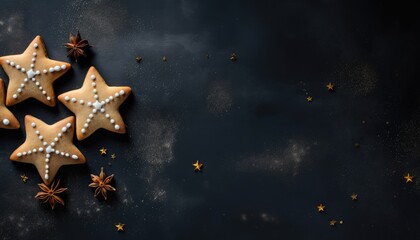 Top view of gingerbread, shortbread or anise cookies with festive icing on dark surface with anise stars decoration. Star-shaped Christmas cookies with copy space for text. Generative AI.