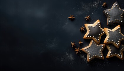 Top view of gingerbread, shortbread or anise cookies with festive icing on dark surface with anise stars decoration. Star-shaped Christmas cookies with copy space for text. Generative AI. - obrazy, fototapety, plakaty