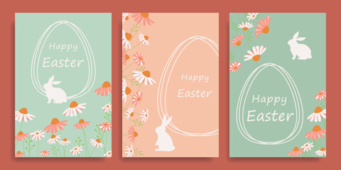Set of cards for the Easter holiday. Collection of cards with Easter eggs, daisies and bunnies.