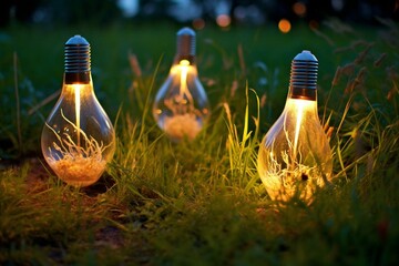 Three glowing bulbs illuminate garden grass in the evening. Generative AI