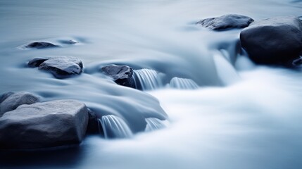 Fototapeta na wymiar Long exposure of a waterfall flowing over rocks in the river. Toned. Generative AI