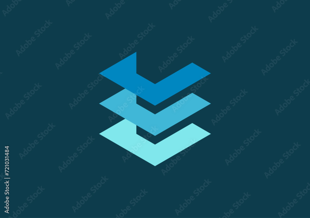 Poster geometric layered shape based on c e and check mark symbol