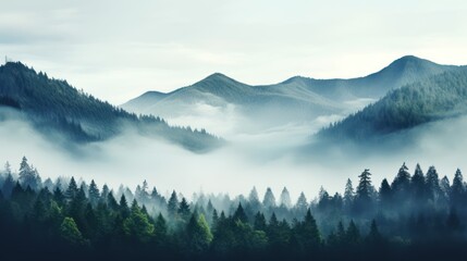 Foggy morning in the mountains. Landscape with coniferous forest. Generative AI