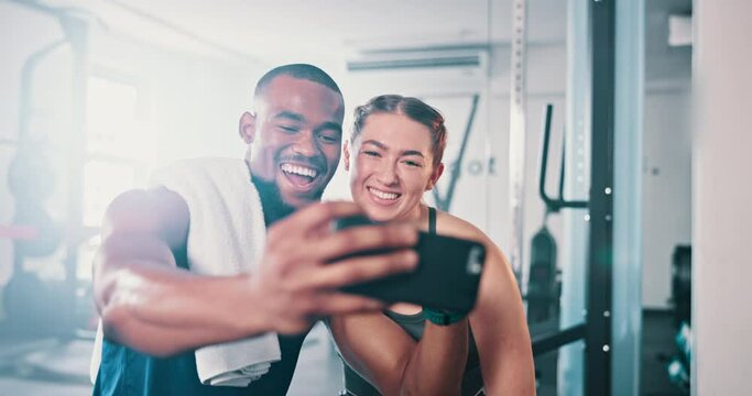 Fitness, gym and selfie with people, exercise and wellness with health or social media with progress. Man, woman or smartphone with sports or workout with blog post or influencer with profile picture