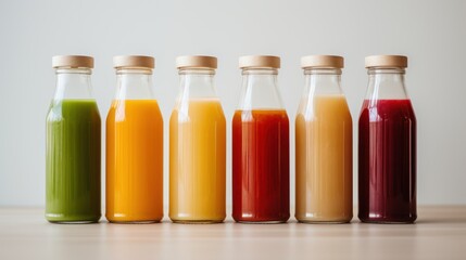 Bottles with different juices on table, close-up. Concept of healthy nutrition. Generative AI