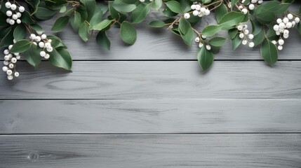 Eucalyptus branches with white flowers on a wooden background Generative AI