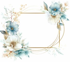 Floral frame with blue and white flowers on white background. illustration. Generative AI