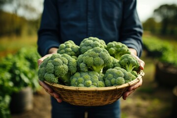 Framer Holding a Basket of Broccoli on Farm AI Generated