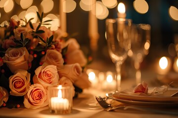 An intimate dinner setup with flickering candles, fine dining settings, and a table adorned with roses. The soft glow highlights the couple sharing a special moment, immersed in love and conversation.