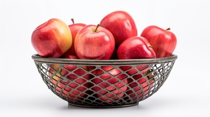 Fototapeta na wymiar Ripe red apples in a metal basket on a white background. Generative AI
