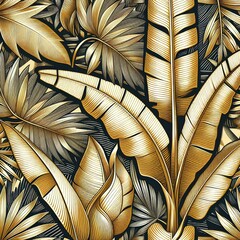 Tropical leaf wallpaper, nature fancy leaf pattern design, Golden banana leaf line art, 
