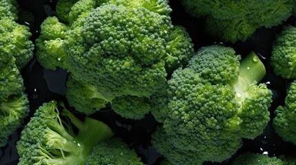 Fresh green broccoli on a black background. Top view. Flat lay. Generative AI - obrazy, fototapety, plakaty