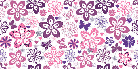 Vector seamless colorful floral pattern with flowers and butterflies in doodle style on a transparent background