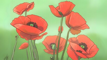 poppies on a green background
