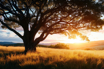 Fototapeta na wymiar Solitary tree in a field at sunset
