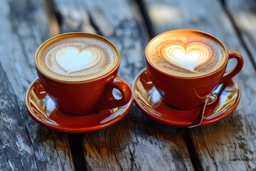 Heart-shaped latte art in coffee cups  - obrazy, fototapety, plakaty