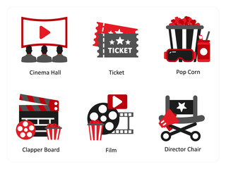 Six cinema icons in red and black as cinema hall, ticket, popcorn
