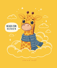 Cute cartoon giraffe with scarf and clouds. Vector illustration.