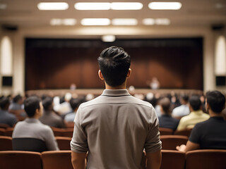 Fototapeta premium Back view of A speaker giving a business lecture to an audience in an auditorium, or hall. A seminar hall., hyper realistic, selective focus, indoor