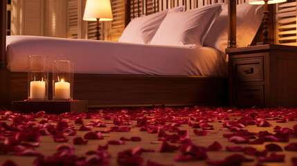 Closeup shot of bed with candles, Valentine's day decorations. Created with Ai