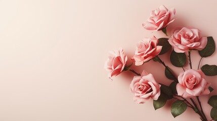 Pink rose bouquet on pastel pink background with copy space. Flat lay. Generative AI