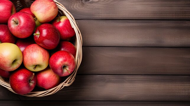 Ripe red and yellow apples in a wicker basket on a wooden background Generative AI