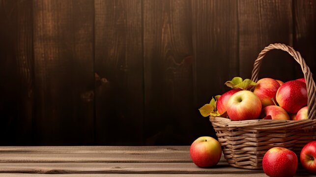 Red apples in a wicker basket on a wooden background with copy space Generative AI