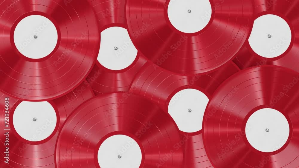 Poster realistic seamless looping 3d animation of the spinning fancy red vinyl records with a blank white l