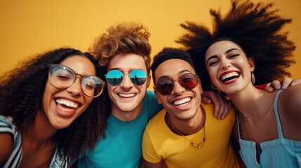 Group of young people in sunglasses on yellow background. Group of friends having fun together. Generative AI