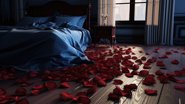 Modern Interior Design Of Room With Wooden Floor, Bed And Valentine Day Decorations. Created With Ai