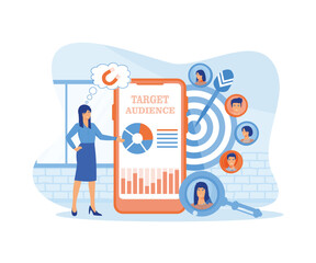 Tiny woman set up advertice on social networks in smart phone app. flat vector modern illustration 