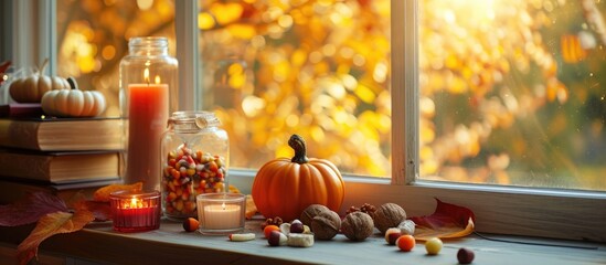 Obraz na płótnie Canvas Fall-themed decorations including pumpkin-shaped candles, jars filled with nuts and candy corn, books on a windowsill, and an abstract window backdrop create a cozy composition for the autumn season.