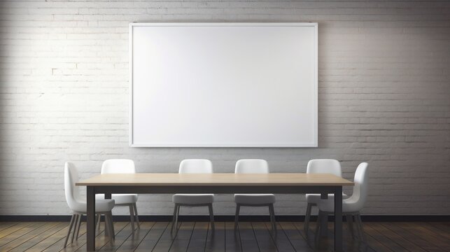 Modern meeting room interior with blank poster on brick wall. Mock up, 3D Rendering Generative AI