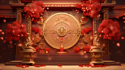 Arafed stage with a red stage curtain and a gold throne,,
3D Luxury Background Free Photo