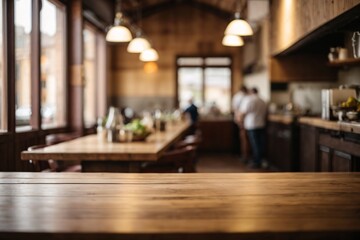 Empty Wooden Table Surface, blurred kitchen interior background.