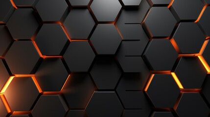 Abstract 3d rendering of black hexagon background with orange glowing lights. Generative AI - obrazy, fototapety, plakaty