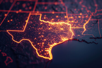 US Texas state highlighted on the abstract 3d map of USA. In style of night aerospace photography
