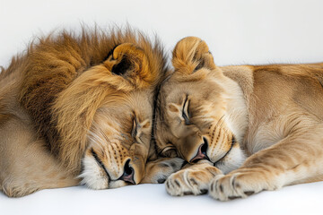 Lion and lioness are sleeping together, isolated on white background