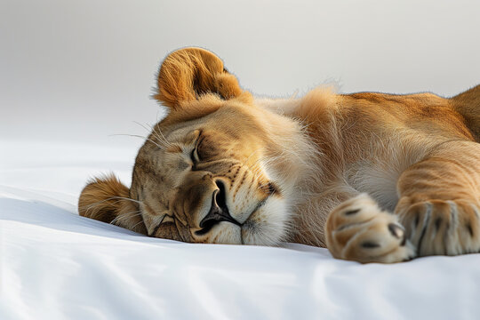 Cute and adorable lion sleeping on white soft sheet