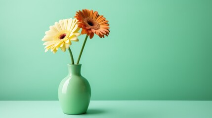 Gerbera flowers in vase on green background. 3d render Generative AI