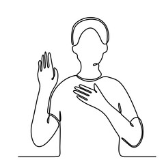 continuous line Smiling man communicates with sign language