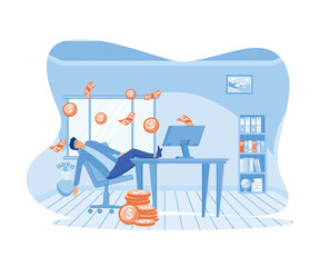 Fototapeta na wymiar Passive income concept, Businessman cartoon character man relaxing in chair while coins fly out of computer. flat vector modern illustration 