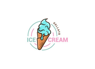 Logo Ice cream. Italian ice cream emblem. Ice cream in a waffle cone with letters in a circle.