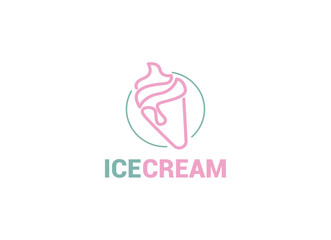 Logo Ice cream. Italian ice cream emblem. Ice cream in a waffle cone with letters in a circle.