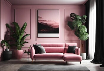 a pink living room with large framed picture on wall and rug on the floor
